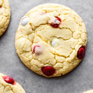 Easy and delicious Canada Day cookies made with cake mix and red and white M&Ms!