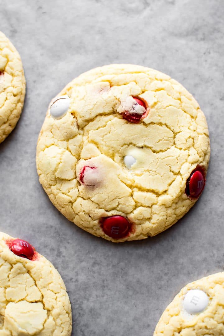 close-up of a Canada Day cookie made with cake mix and red and white M&Ms