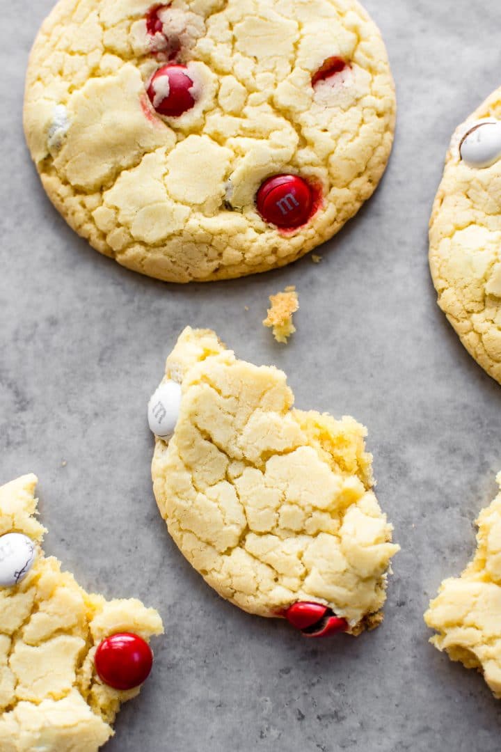 close-up of a bite of a Canada day cookie