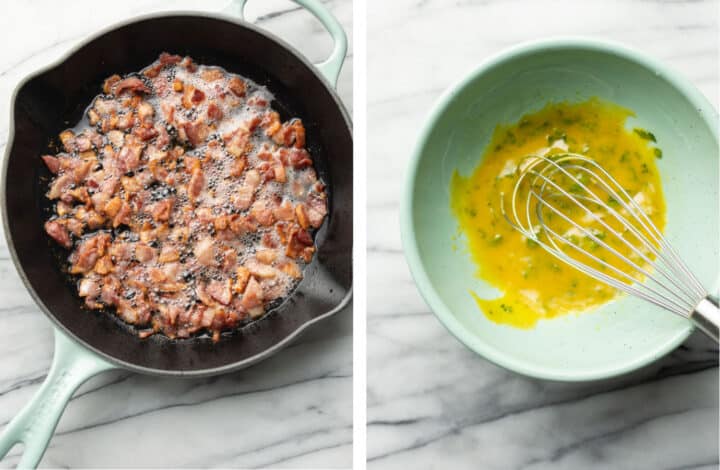 frying bacon in a skillet and whisking honey mustard dressing in a bowl