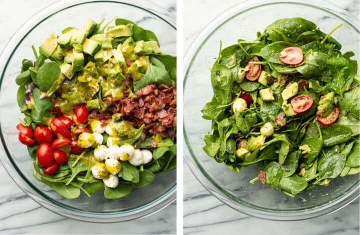 avocado bacon salad in a glass bowl before and after mixing
