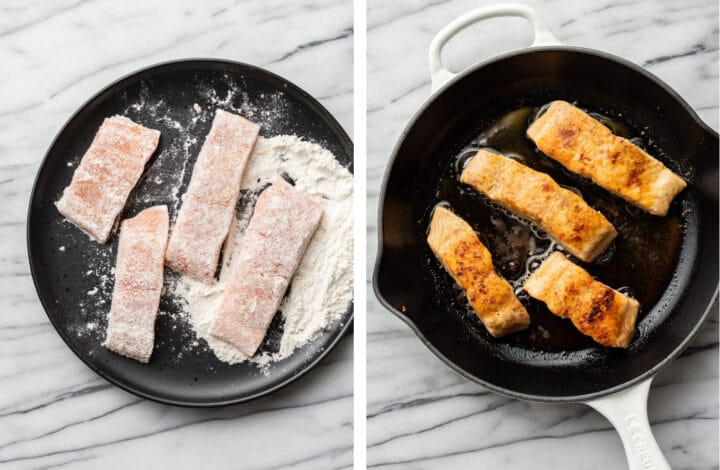 dredging salmon in flour and pan frying in a skillet