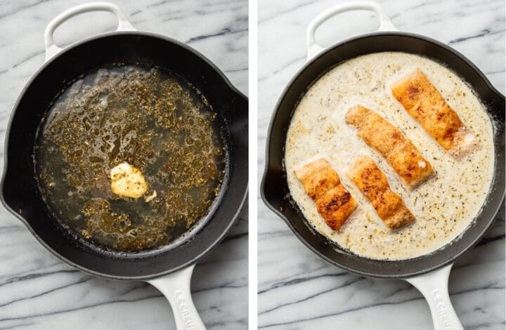 making creamy lemon sauce for salmon in a skillet