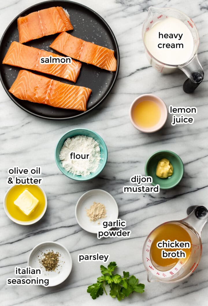 ingredients for creamy lemon salmon on a counter