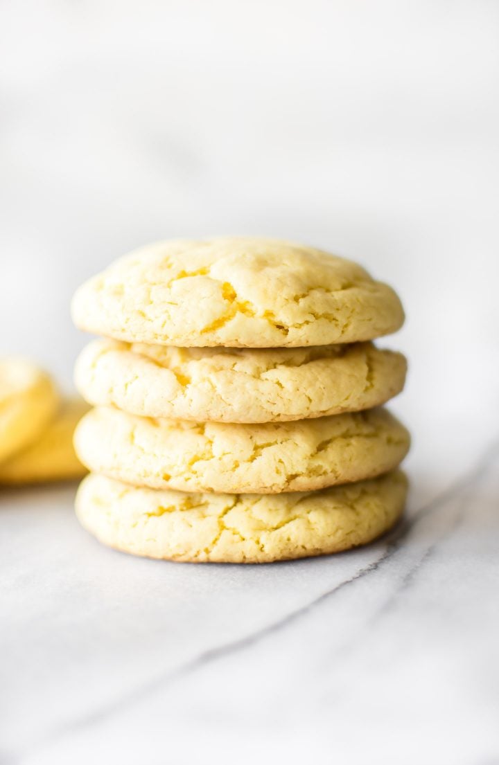 stack of four lemon cookies made from cake mix