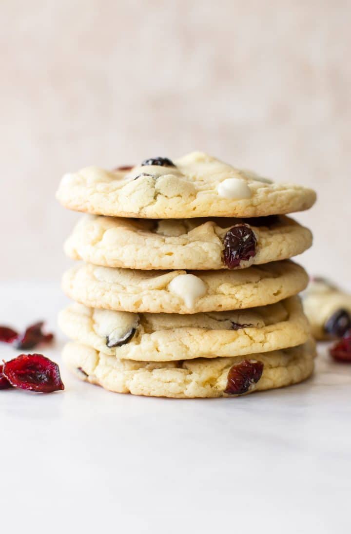 stack of five white chocolate cranberry cookies