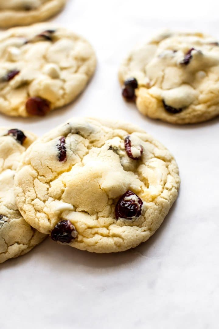 close-up of a white chocolate cranberry cookie
