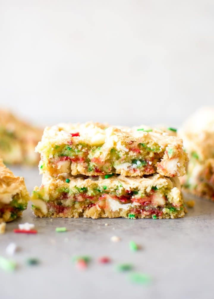 close-up of two Christmas cake batter blondies