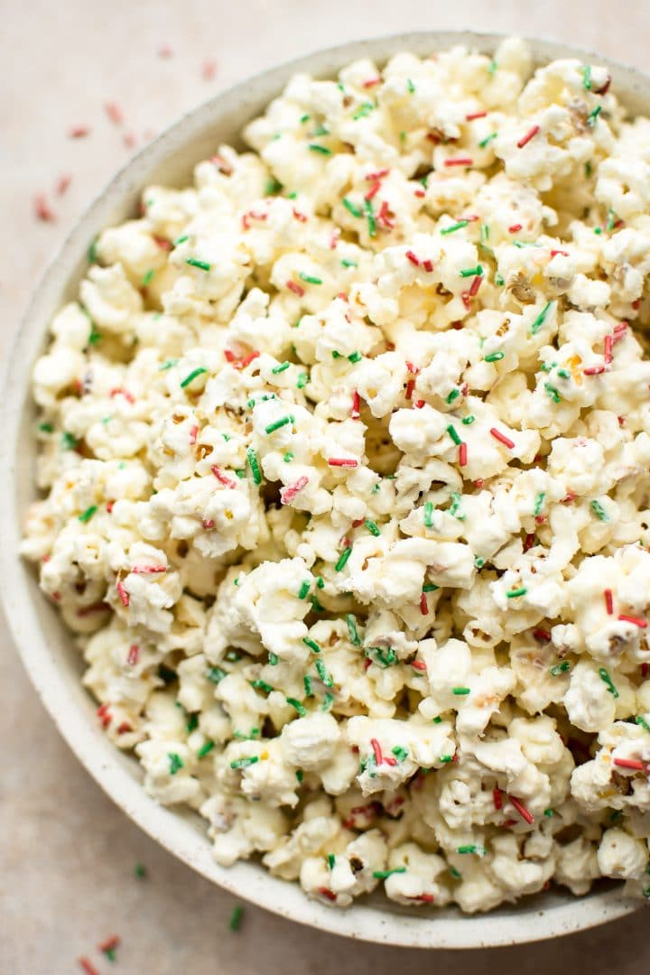 close-up of easy Christmas popcorn with sprinkles
