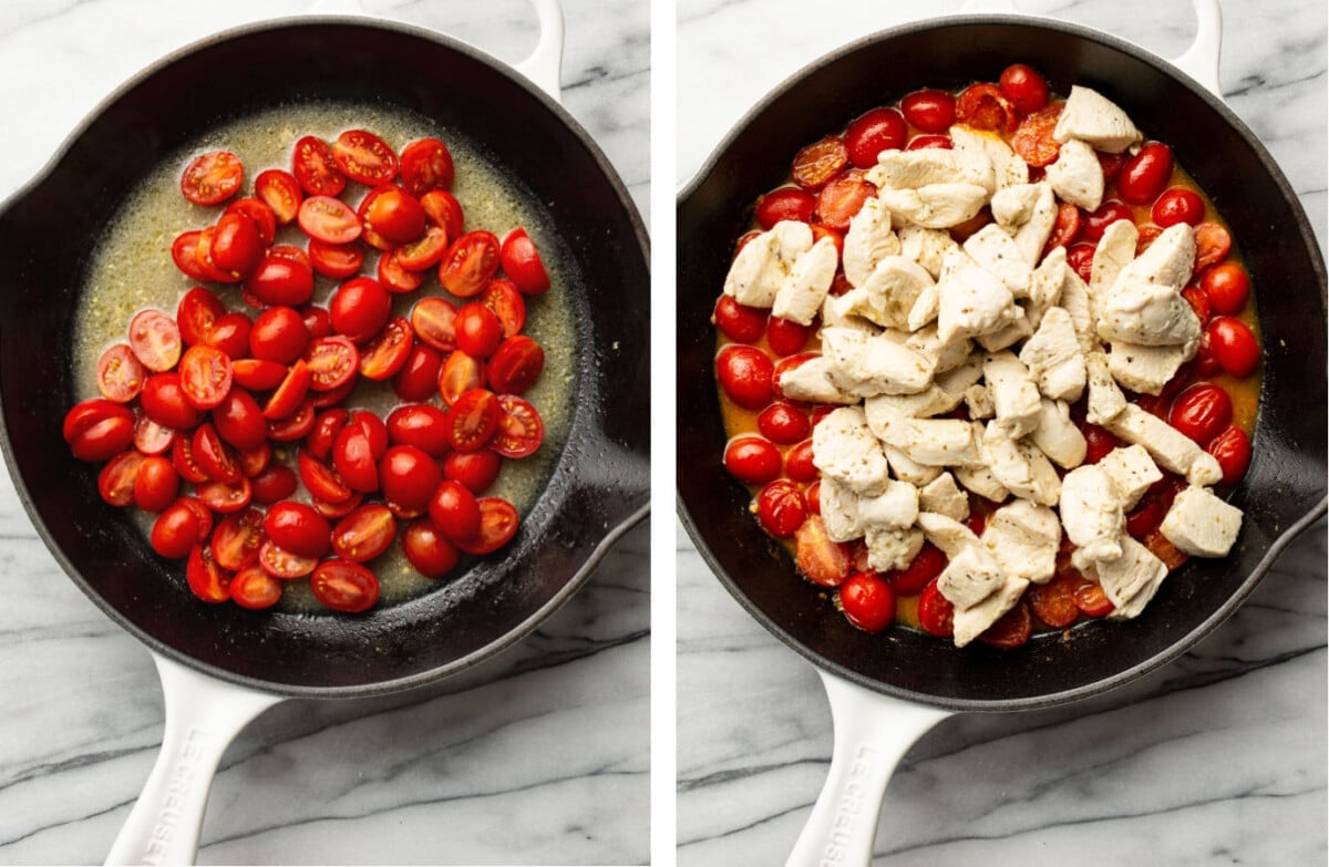 cooking tomatoes in a skillet for chicken spinach feta pasta