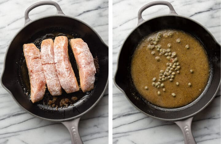 pan searing salmon and making caper sauce in a skillet