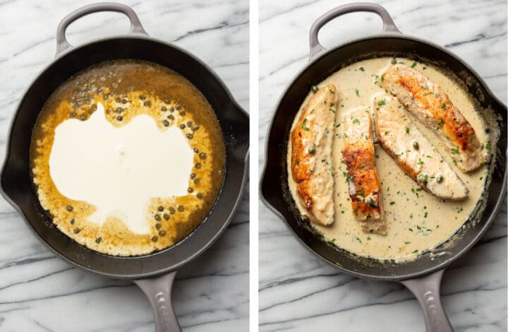 adding cream and salmon into a skillet with caper sauce
