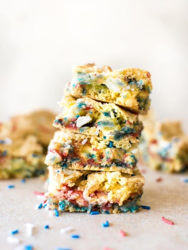 These red, white, and blue patriotic fireworks cookie bars with white chocolate and funfetti sprinkles are a kid-friendly Fourth of July dessert that's simple to make. You will love this awesome recipe to show your American pride!