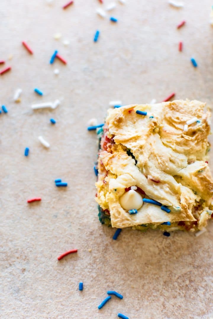 a fourth of july red, white, and blue blondie with sprinkles