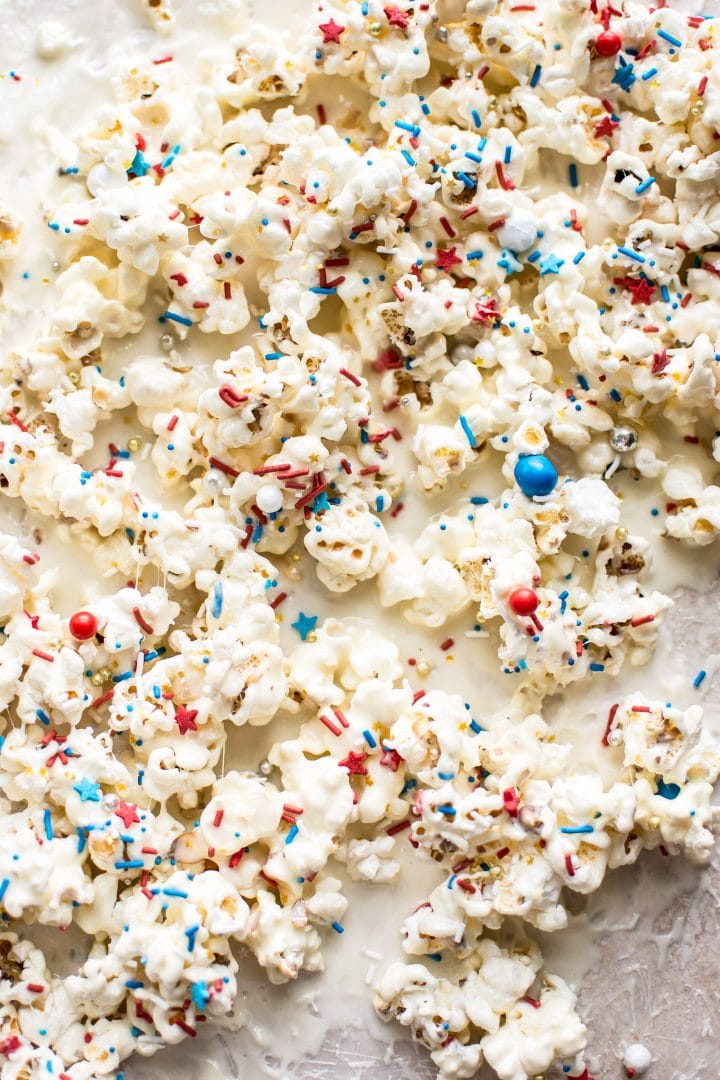 patriotic marshmallow popcorn with red, white, and blue colors close-up