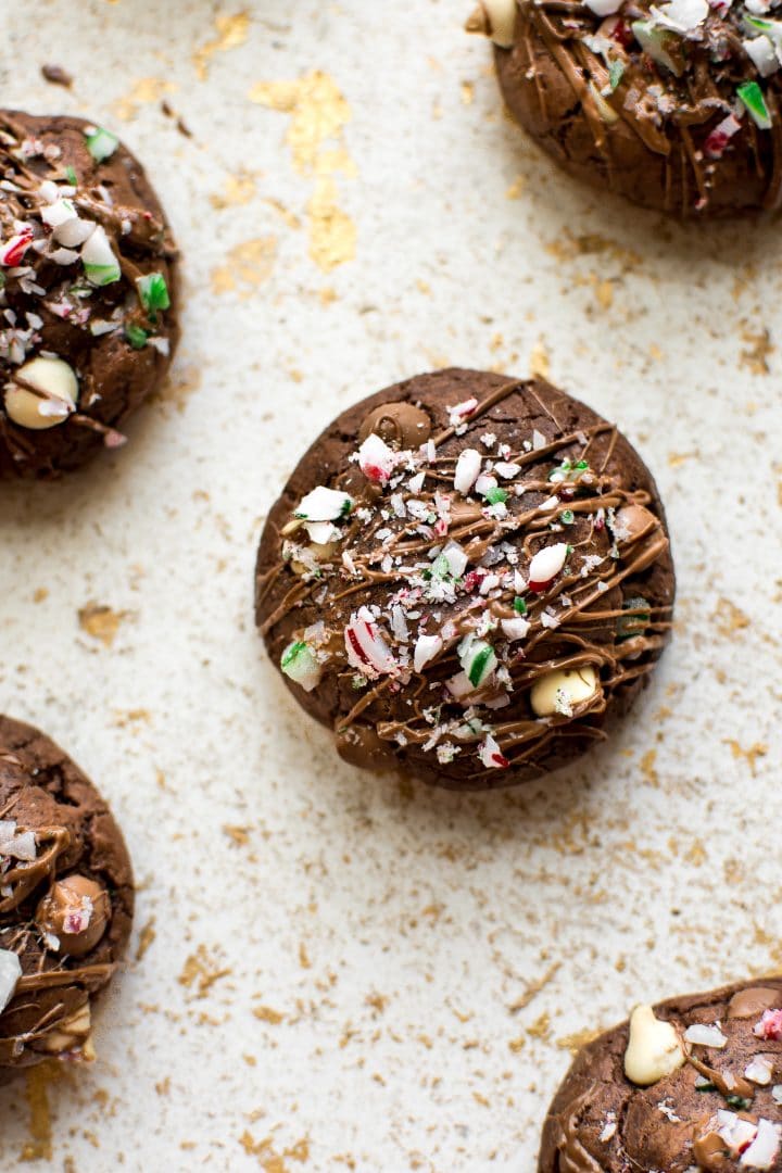 chocolate brownie cookies with crushed peppermint candy canes close-up