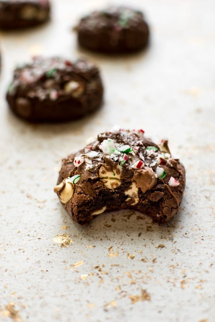 close-up of peppermint chocolate brownie cookie with a bite taken