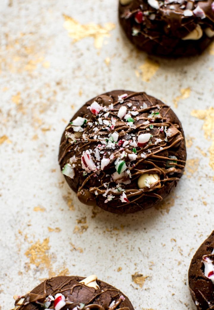 peppermint brownie cookie with crushed peppermint candy canes close-up