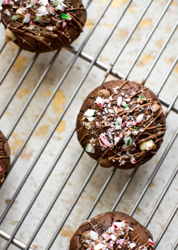 peppermint chocolate brownie cookie on wire rack