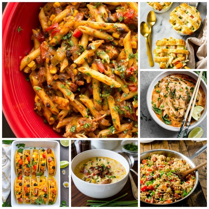 collage with photos from 10 easy leftover or rotisserie chicken recipes roundup