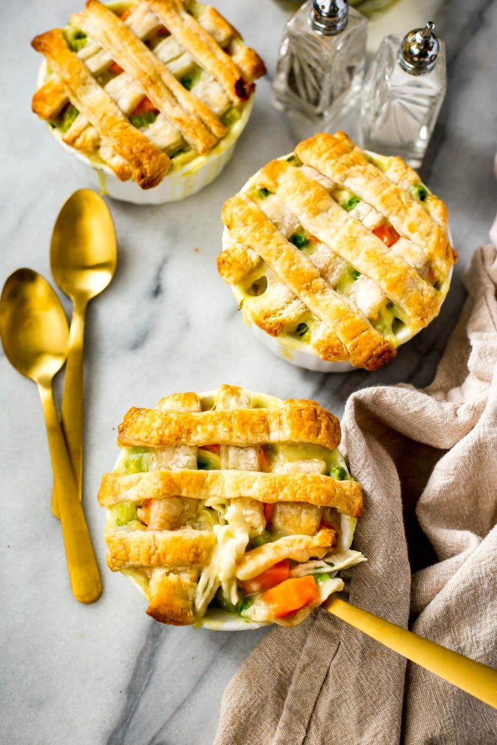 three easy mini chicken pot pies with three spoons