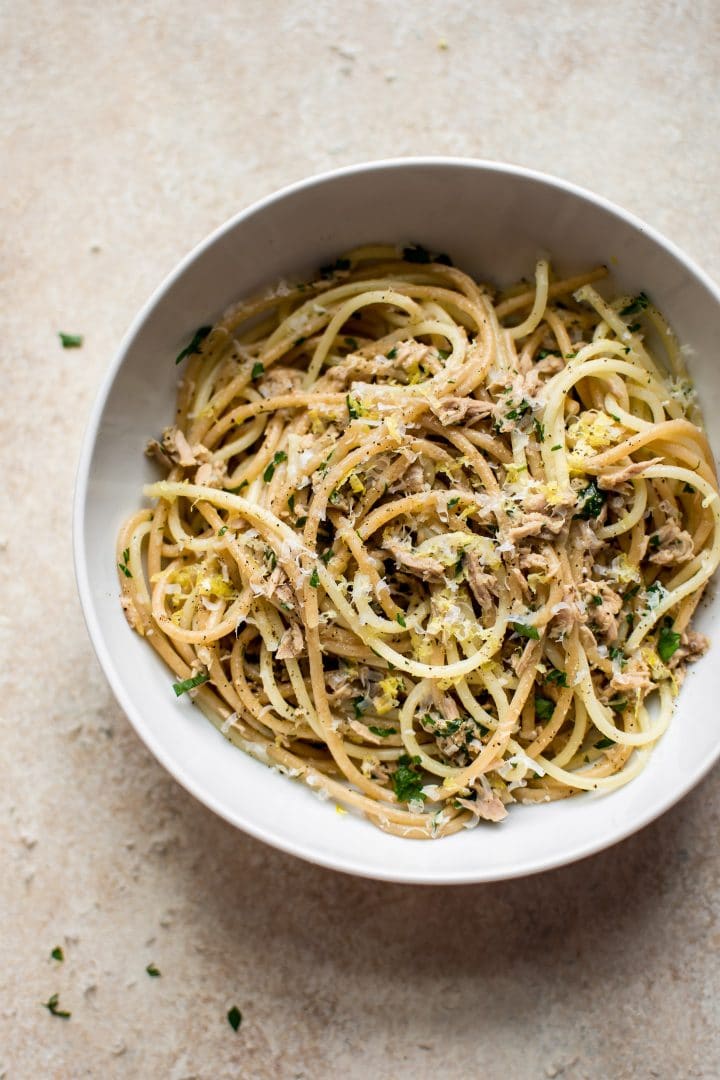 healthy 15 minute canned tuna pasta in a white bowl
