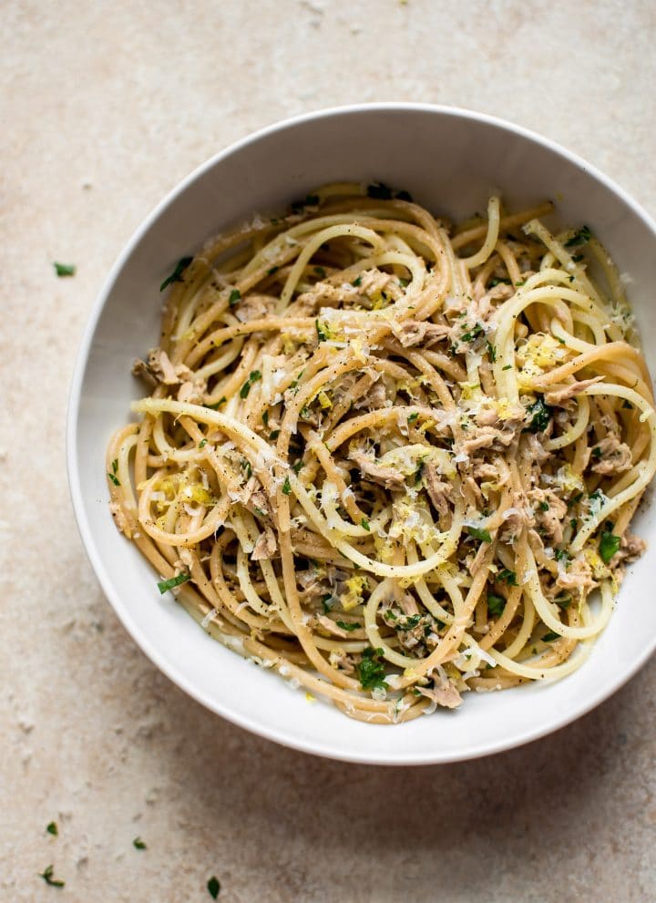 This healthy 15 minute canned tuna pasta is a great time-saver when you're short on time and ingredients!