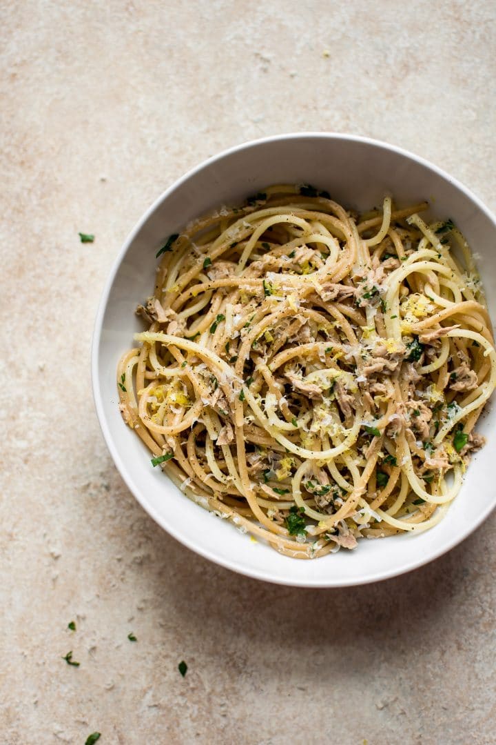 easy canned tuna pasta in a white bowl