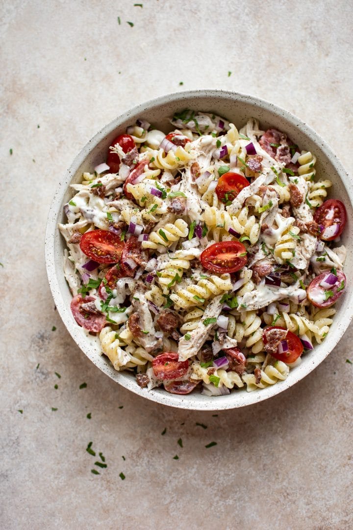 stoneware bowl with chicken ranch pasta salad