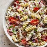 This simple chicken bacon ranch pasta salad is a delicious cold pasta recipe that's great for serving at picnics, BBQs, or potlucks. Makes a great side dish or main course. 