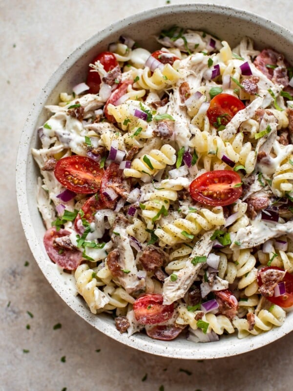 This simple chicken bacon ranch pasta salad is a delicious cold pasta recipe that's great for serving at picnics, BBQs, or potlucks. Makes a great side dish or main course. 