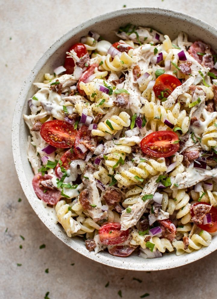 This simple chicken bacon ranch pasta salad is a delicious cold pasta recipe that's great for serving at picnics, BBQs, or potlucks. Makes a great side dish or main course. 