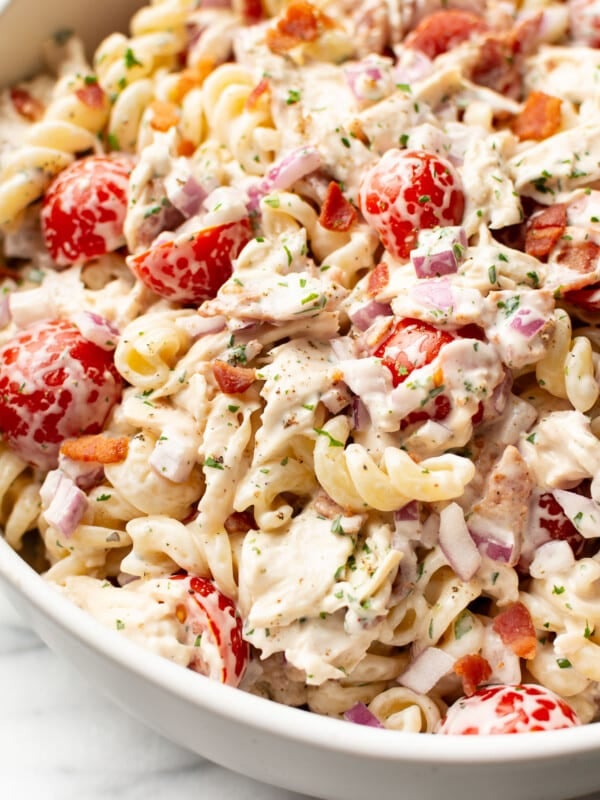a bowl of chicken ranch pasta salad