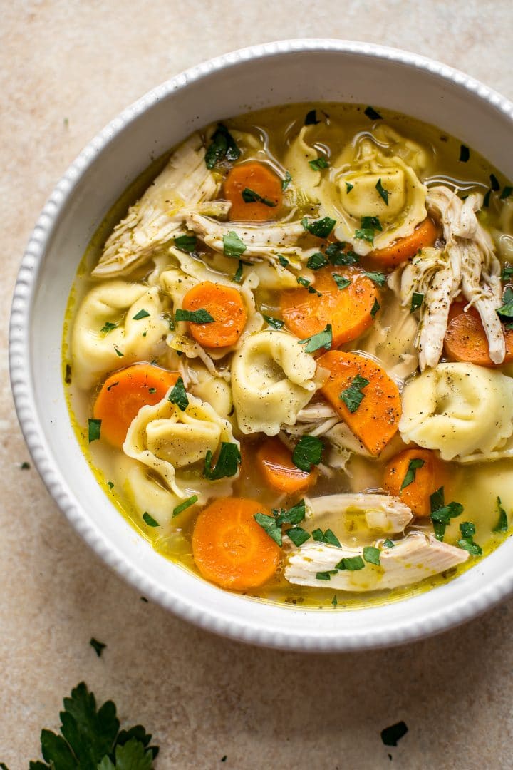 close-up of easy chicken tortellini soup in a bowl