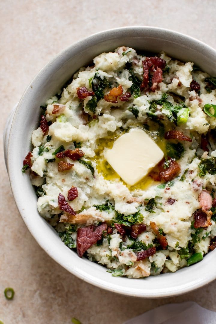 Colcannon Irish mashed potatoes and kale with bacon in a bowl