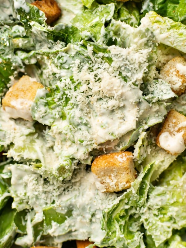 closeup of a caesar salad with homemade dressing