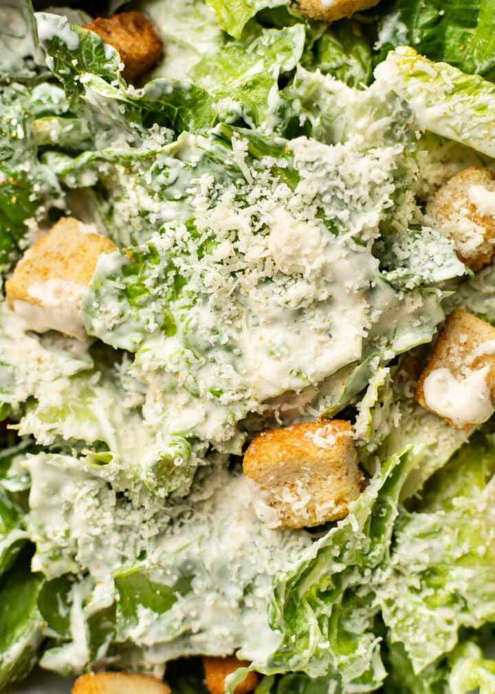 closeup of a caesar salad with homemade dressing