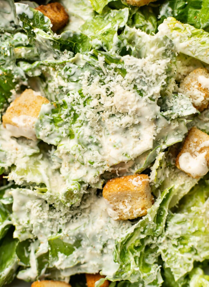 closeup of a caesar salad with homemade dressing
