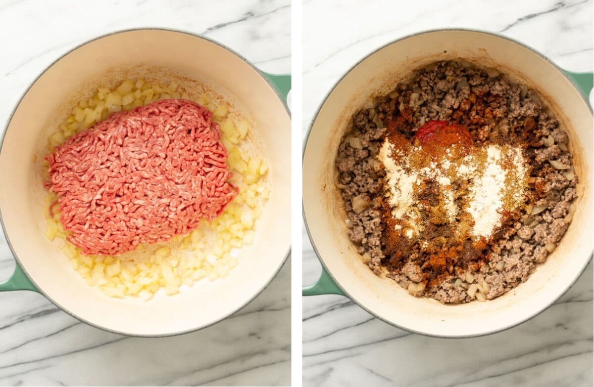 sauteing onions and ground beef in a soup pot and adding chili seasonings