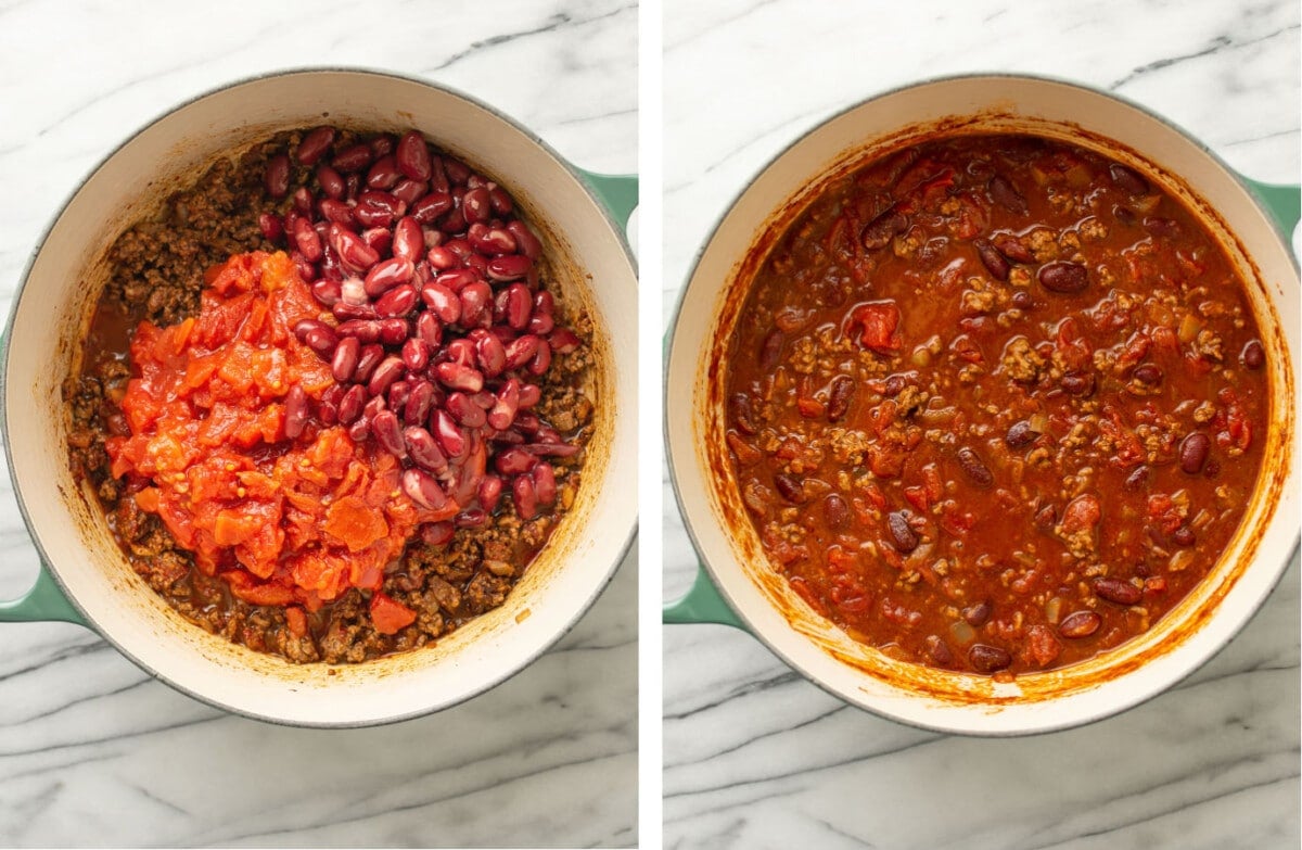 adding in kidney beans and tomatoes for quick chili and simmering