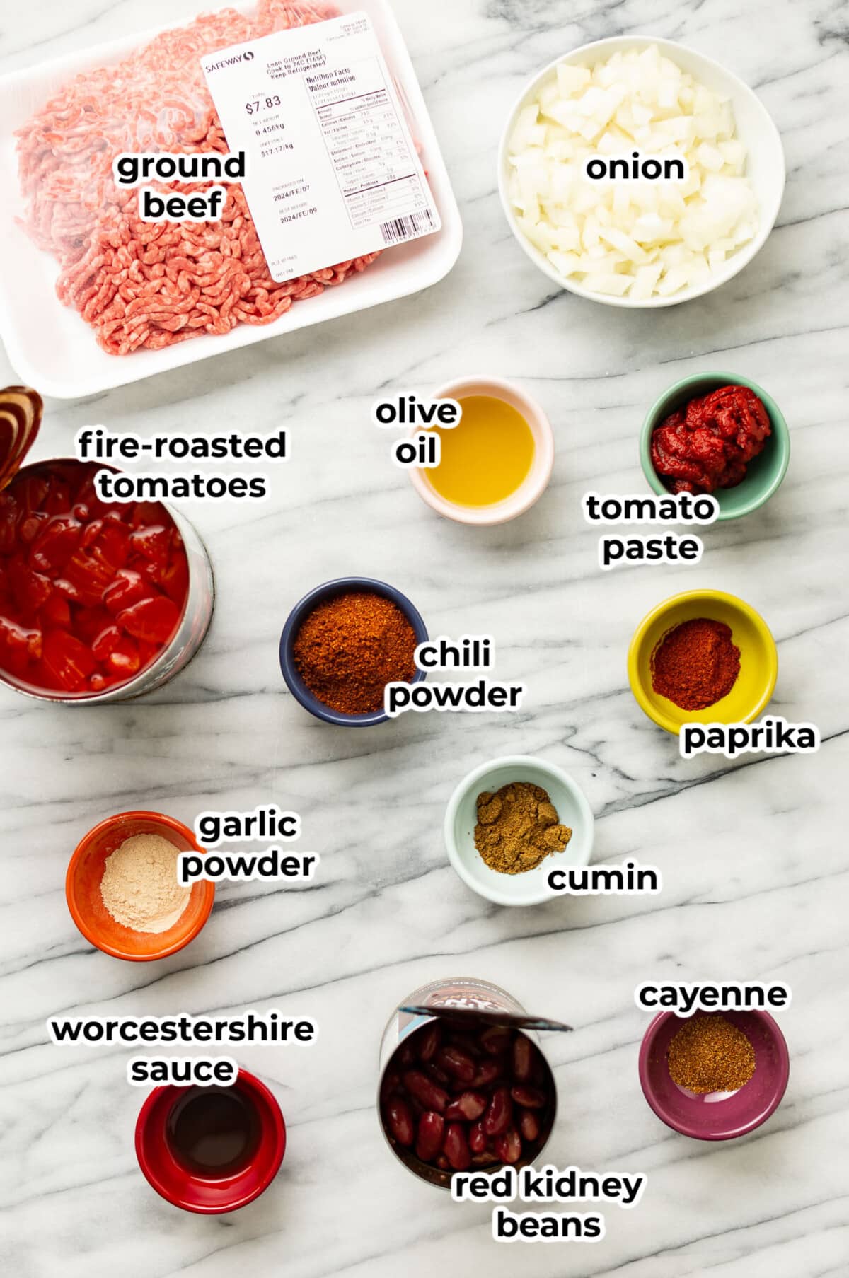 ingredients for quick beef chili in prep bowls