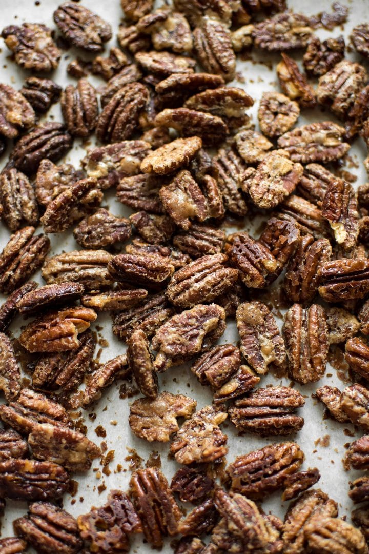 close-up of maple roasted pecans