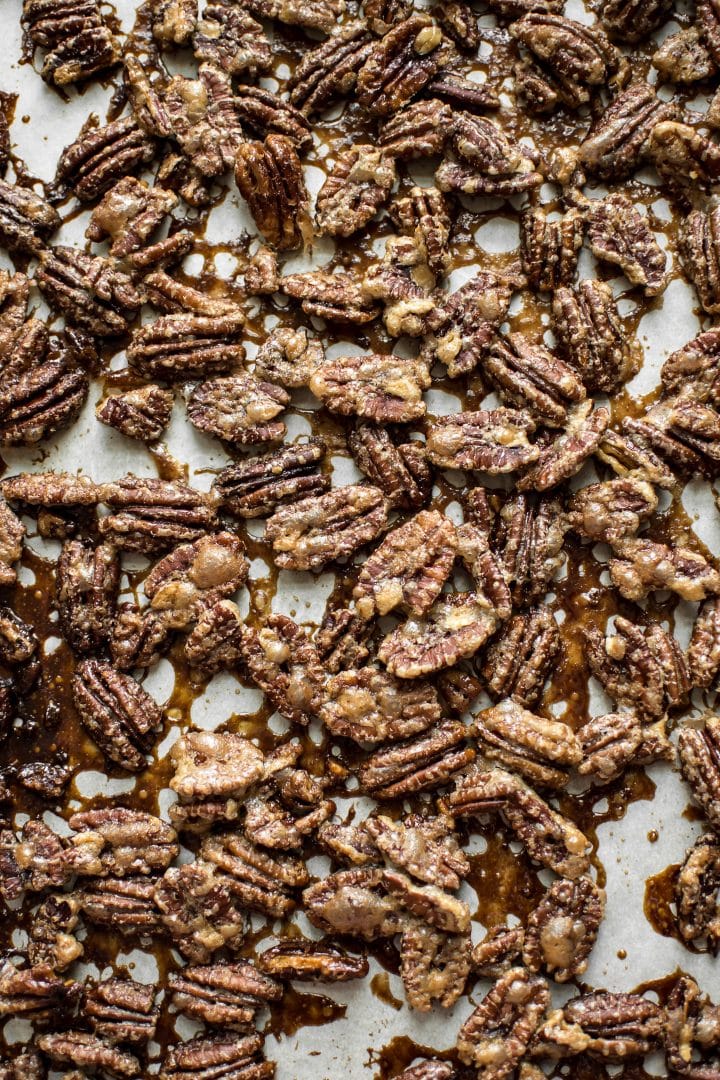 baking sheet with maple roasted candied pecans