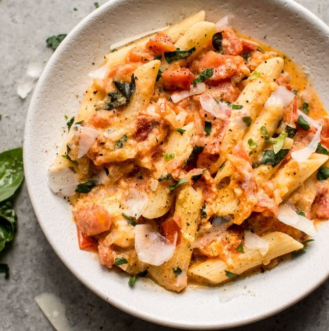 The easiest, best penne alla vodka recipe. You can use fresh or canned tomatoes.