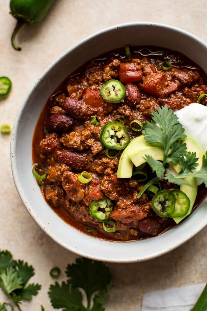 quick ground beef chili in a white bowl