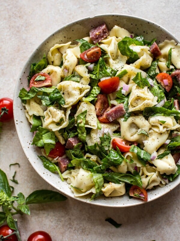 This easy cold spinach tortellini salad has a delicious homemade Italian dressing, salami, basil, and fresh tomatoes. The perfect pasta salad to feed a crowd for potlucks, picnics, or summer BBQs. 