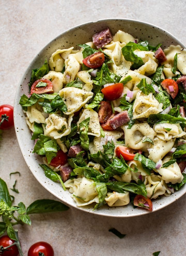 This easy cold spinach tortellini salad has a delicious homemade Italian dressing, salami, basil, and fresh tomatoes. The perfect pasta salad to feed a crowd for potlucks, picnics, or summer BBQs. 