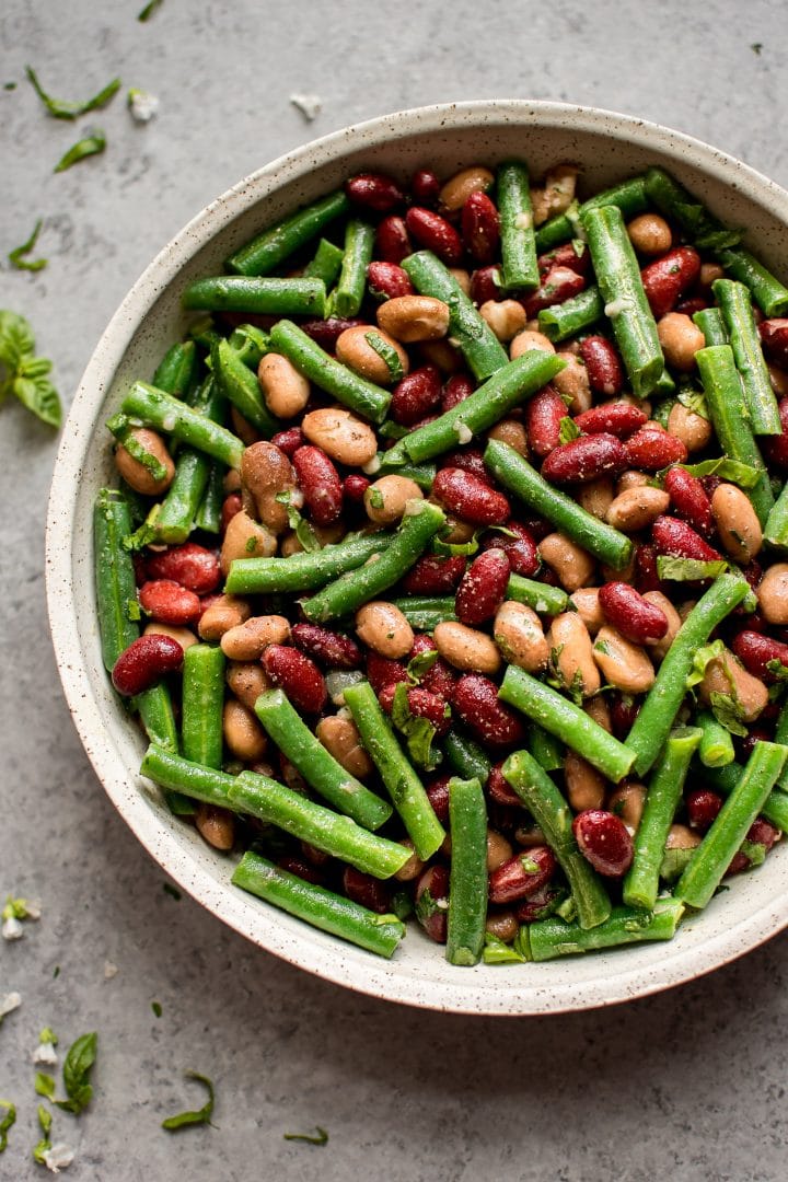 easy three bean salad in a stoneware serving bowl close-up