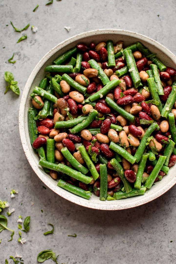 easy and healthy three bean salad with light vinaigrette in a bowl