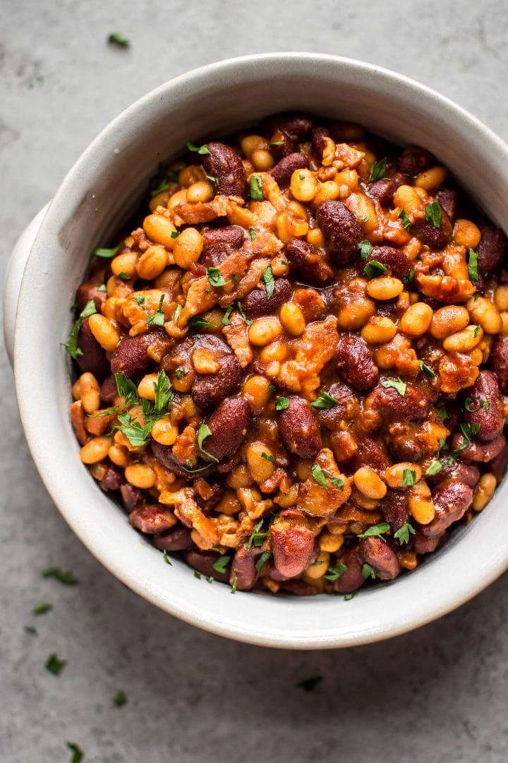 easy Boston baked beans with bacon in a bowl